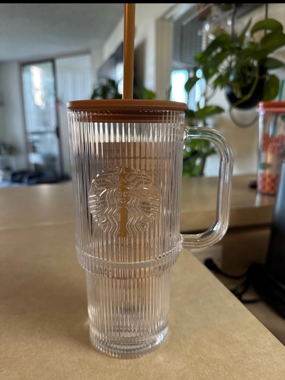 Starbucks Clear Ribbed Tumbler with Tan Lid and Straw